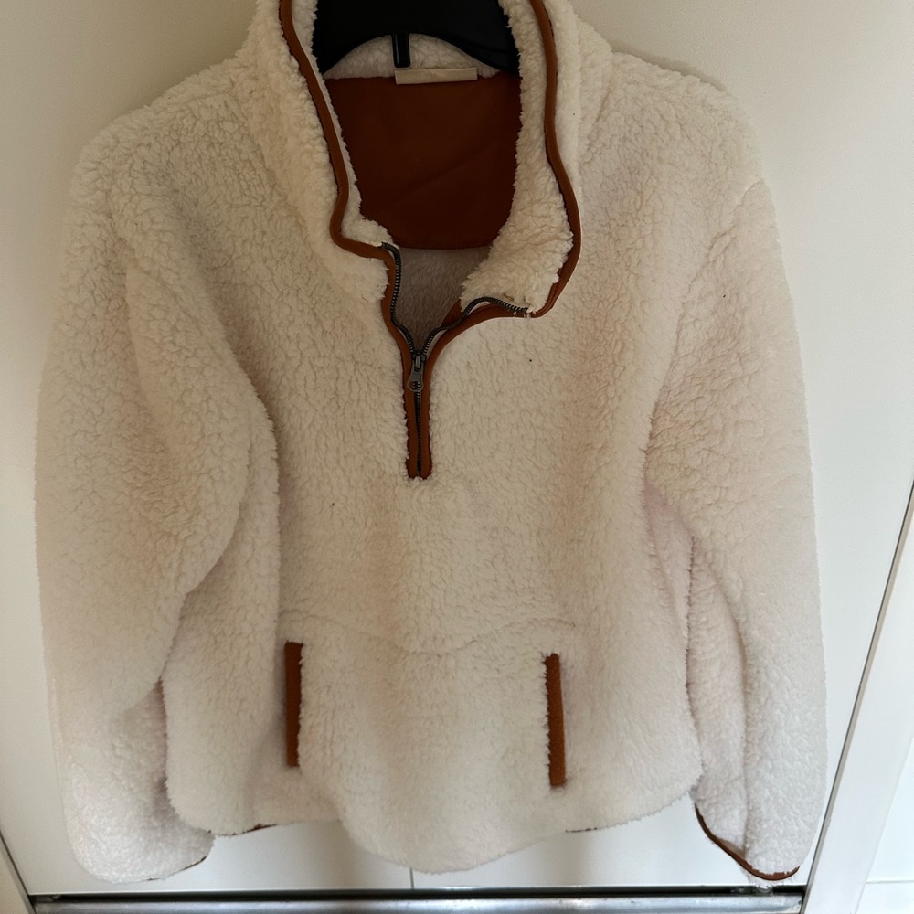 Cream Sherpa Half-Zip Pullover with Tan Trim